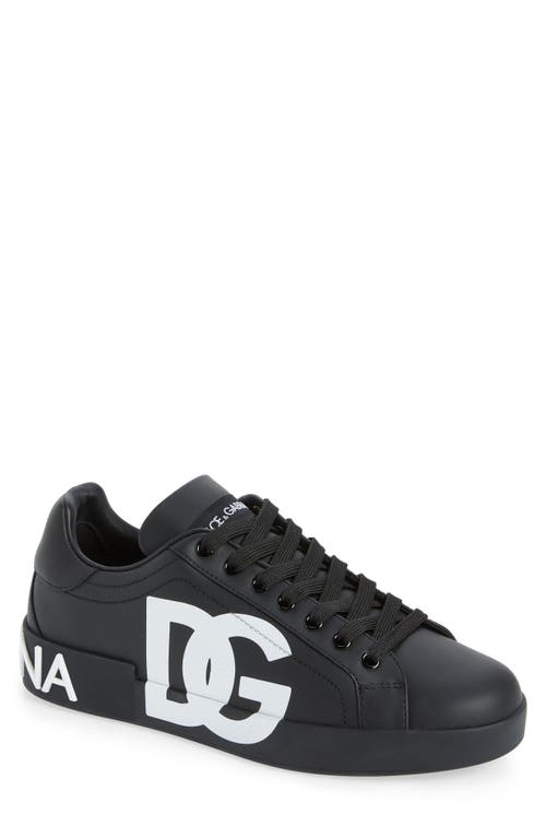 Dolce & Gabbana Portofino Sneakers In Black Calf Leather With White Logo In Black/black