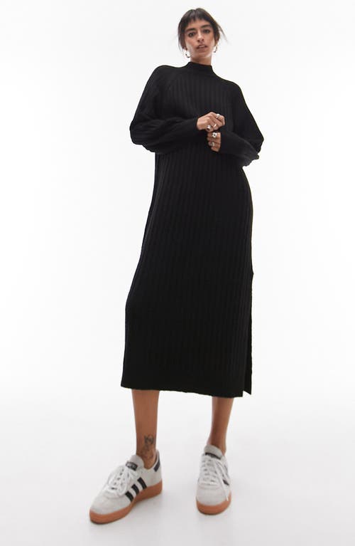 Mock Neck Long Sleeve Wide Rib Midi Sweater Dress in Black