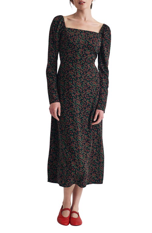 Nobody's Child Abby Cherry Print Long Sleeve Midi Dress in Black Multi 