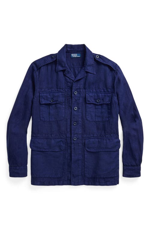 Shop Polo Ralph Lauren Linen Long Sleeve Camp Shirt In Newport Navy