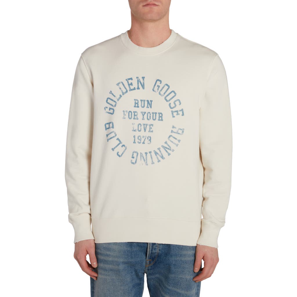 Golden Goose Journey Running Club Distressed Graphic Sweatshirt In Heritage White/spring Lake