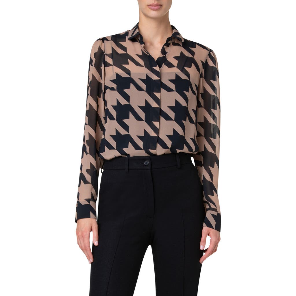 Akris Punto Houndstooth Print Button-front Blouse In Beige-black
