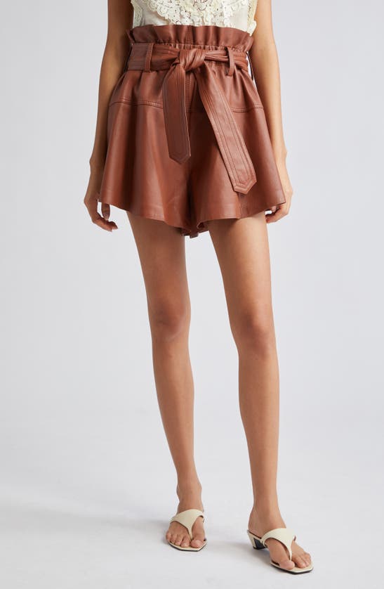 Zimmermann Harmony Belted Leather Shorts In Brown