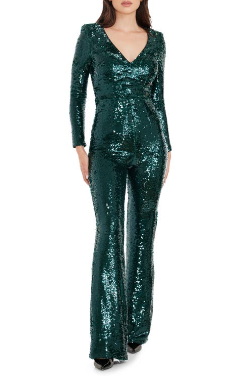 Carson Sequin Long Sleeve Jumpsuit in Deep Emerald