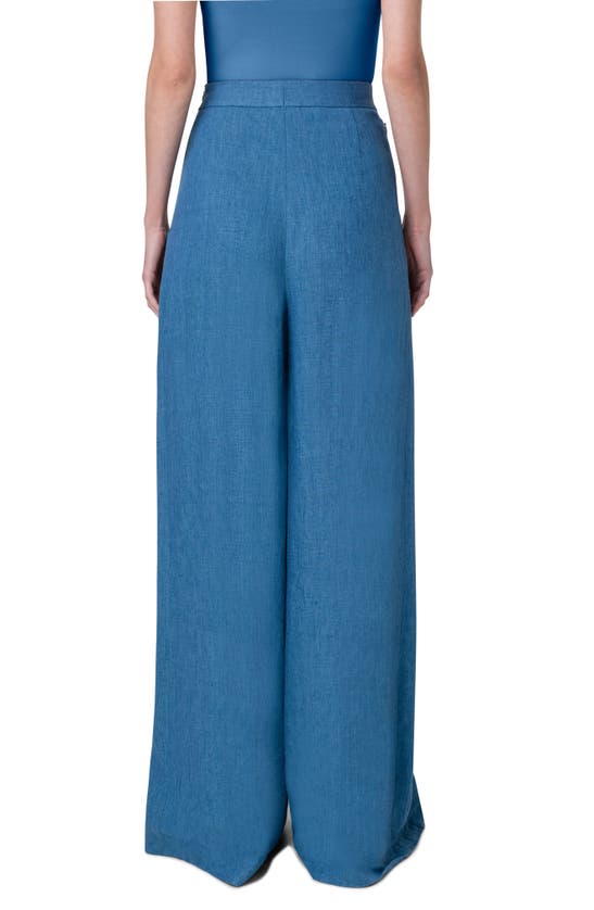 Akris Miyuki Wide Leg Pleated Linen Gabardine Pants In Medium Denim