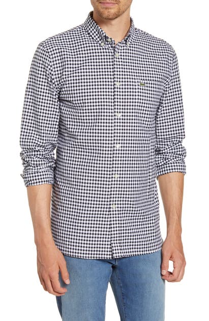 Lacoste Regular Fit Gingham Sport Shirt In White/ Black