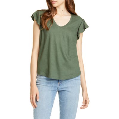 La Vie Rebecca Taylor Ruffle Sleeve Linen & Cotton Tee, Green