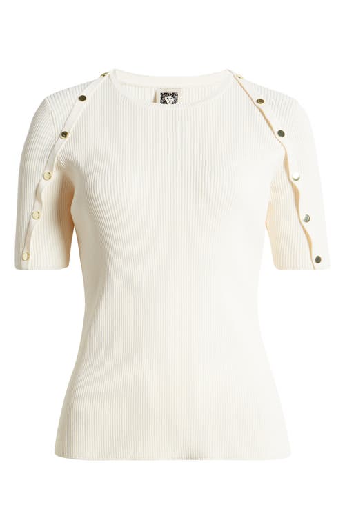 Shop Anne Klein Rib Snap Trim Short Sleeve Crewneck Sweater In Anne White