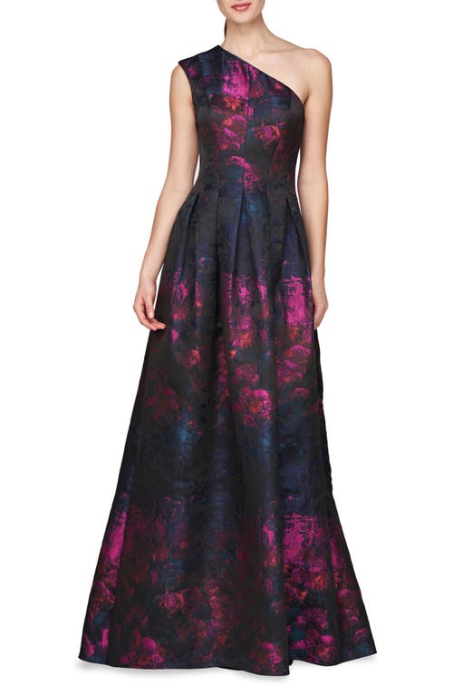 Shop Kay Unger Cara One-shoulder Gown In Dark Ink/cerise