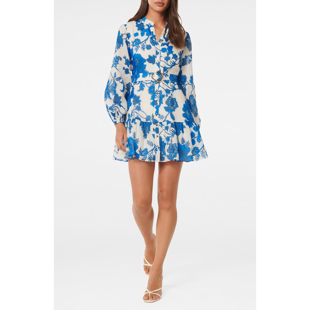 Ever New Aurora Floral Long Sleeve Belted Ramie Skater Dress In Large Blue Leila Chintz