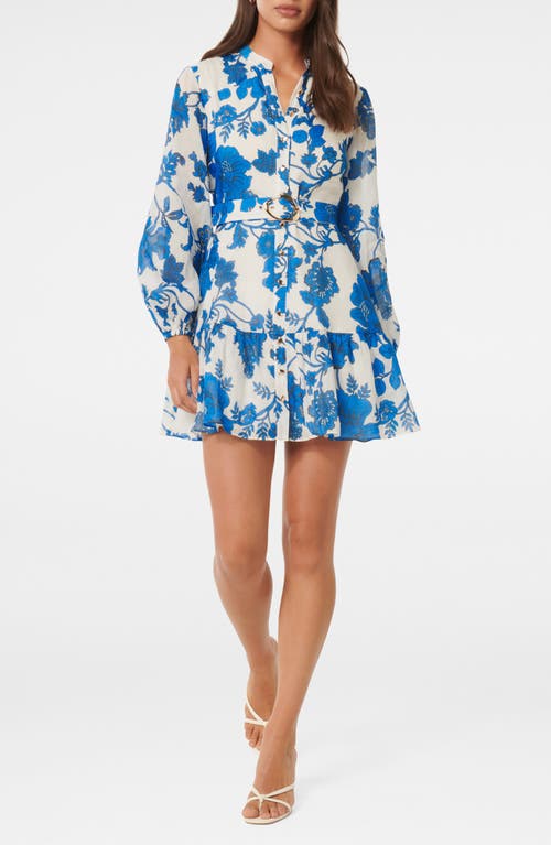 Shop Ever New Aurora Floral Long Sleeve Belted Ramie Skater Dress In Large Blue Leila Chintz