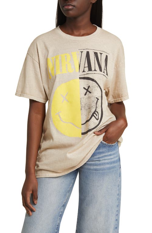 Nirvana Split Smiley Graphic T-Shirt in Khaki Pigment Dye