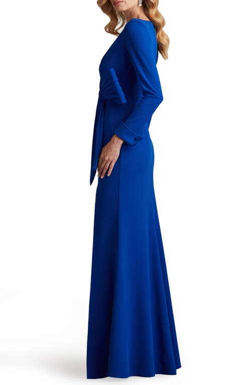 Shop Tadashi Shoji Bow Detail Long Sleeve Gown In Mystic Blue