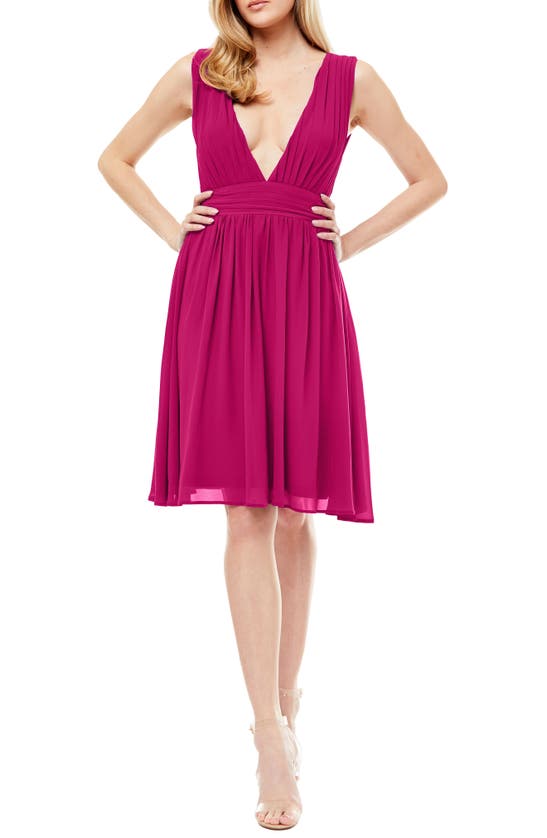 Love By Design Melissa Plunge Neck Chiffon Fit & Flare Dress In Berry