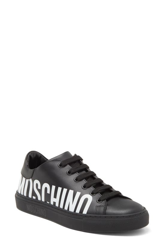Shop Moschino Logo Leather Sneaker In Black White Logo