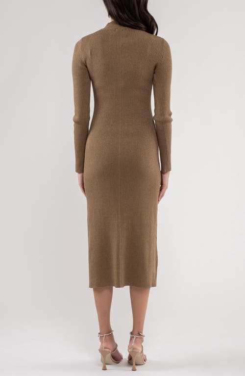 Shop August Sky Shimmery Ribbed Long Sleeve Midi Sweater Dress In Mocha