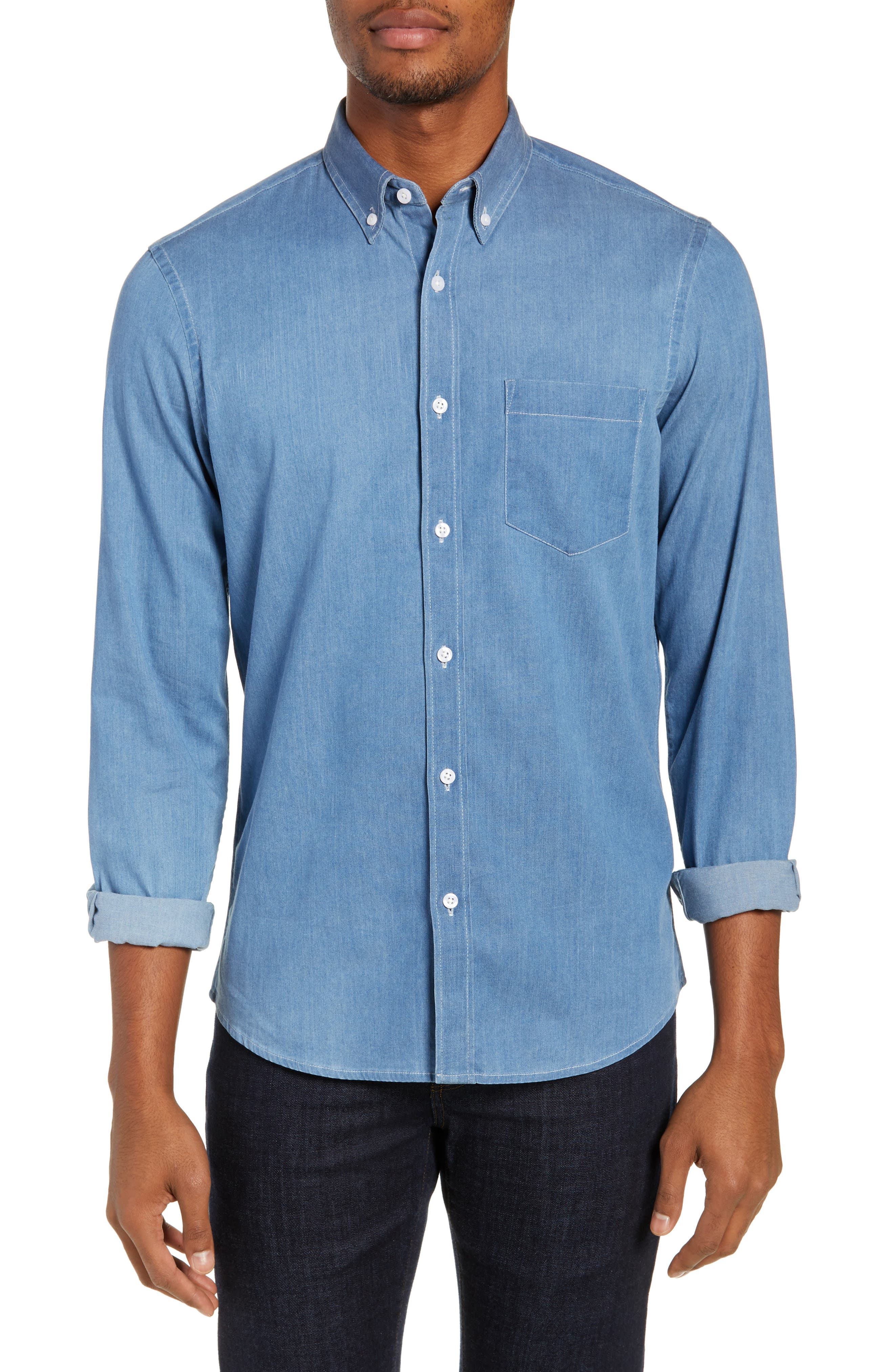 Nordstrom Shop Trim Fit Chambray Sport Shirt, Blue