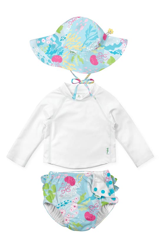 Green Sprouts Babies' Sun Hat, Long Sleeve Rashguard & Reusable Swim Diaper Set In Aqua