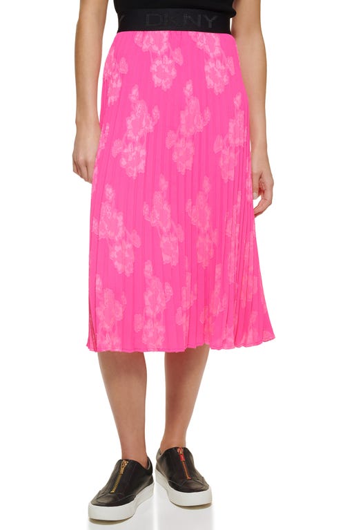 DKNY Floral Print Pleated Midi Skirt in Power Pink at Nordstrom, Size X-Small | Nordstrom