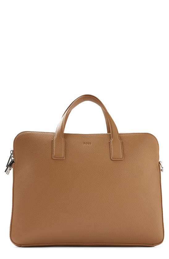 Hugo Boss Crosstown Leather Briefcase In Medium Beige