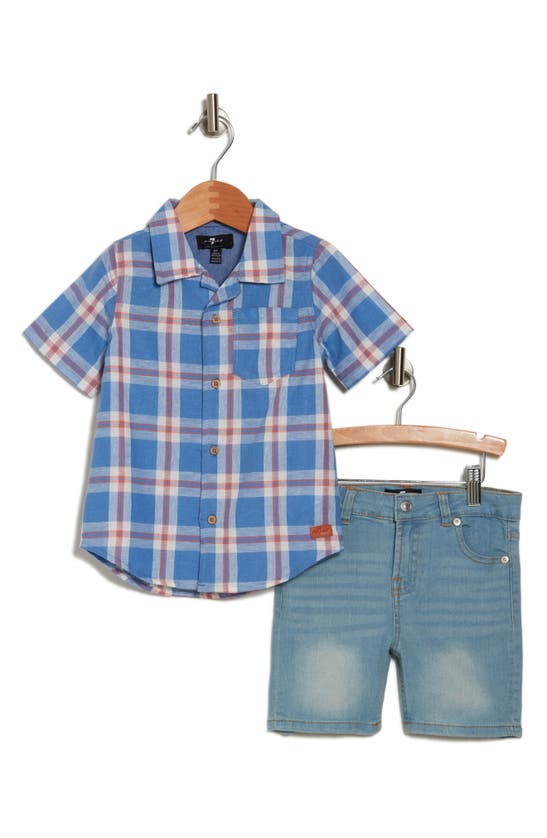 Shop 7 For All Mankind Kids' Button-up Shirt & Shorts Set In Ocean
