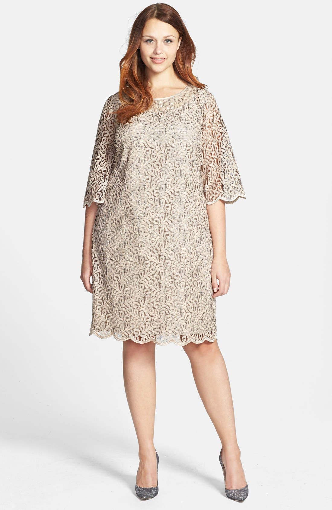 beaded shift dress with sleeves