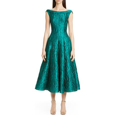 Talbot Runhof Rose Jacquard Fit & Flare Midi Dress, Blue/green