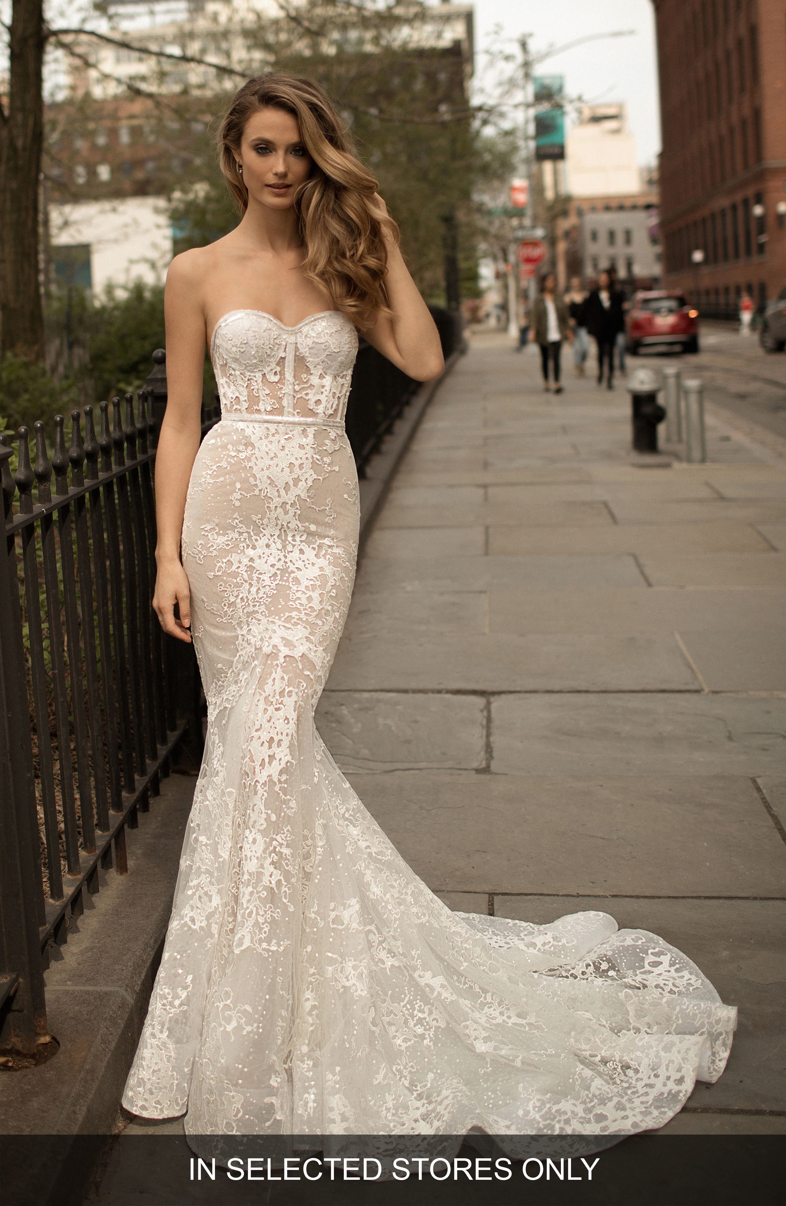 Berta Strapless Lace Trumpet Gown, Ivory