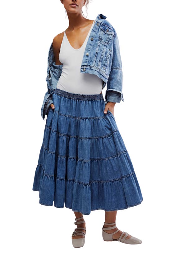 Shop Free People Chambray Tiered Midi Skirt In Cool Blue