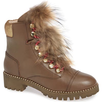 Cecelia New York Trekker Boot With Genuine Fox Fur Trim- Brown