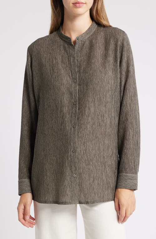 Shop Eileen Fisher Crinkled Band Collar Button-up Shirt In Taupe