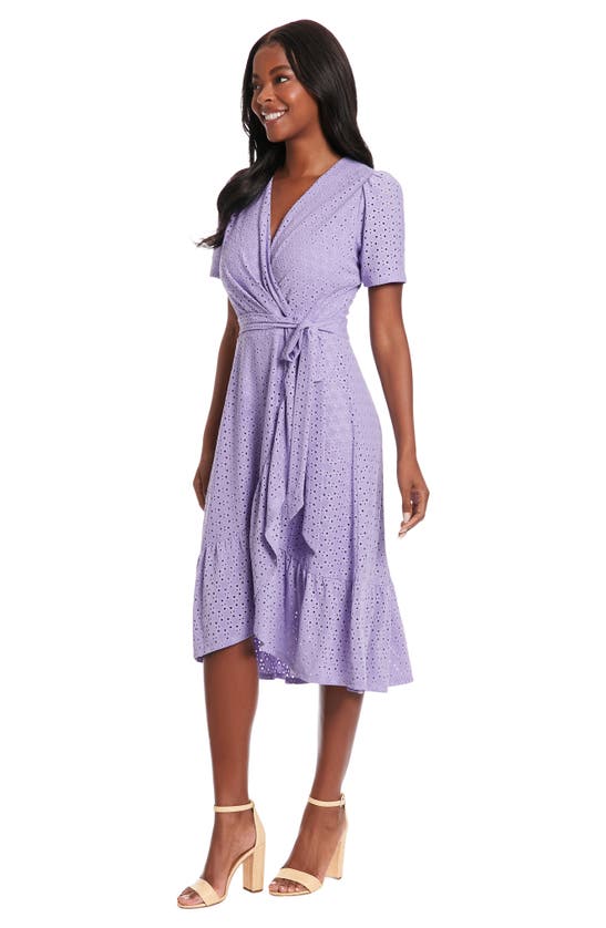 Shop London Times Stretch Eyelet Short Sleeve Ruffle Wrap Dress In Violet Tulip