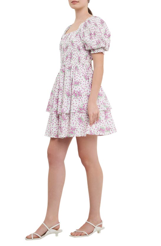 Shop English Factory Floral Puff Sleeve Tiered Fit & Flare Minidress In Lilac