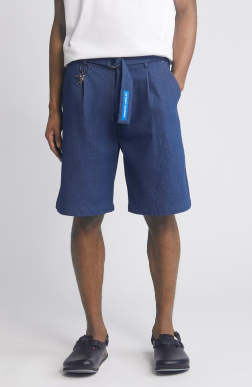 Pleated Belted Denim Shorts in Indigo