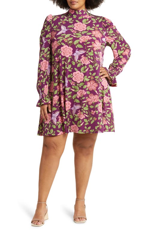 Leota Bianca Floral Print Long Sleeve Shift Dress in Flutter Raspberry Radiance