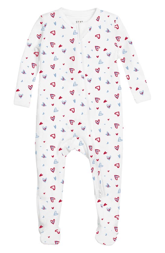1212 Babies' Stripe Zip-up Footie In Red And Blue Mixed Hearts