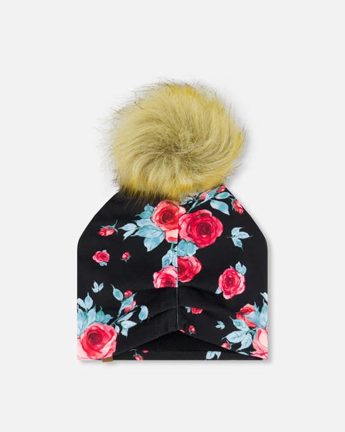 Shop Deux Par Deux Baby Girl's Mid-season Jersey Detachable Pompom Hat Black Printed Roses