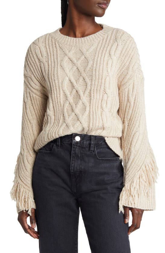 Moon River Fringe Trim Cable Knit Sweater In Oatmeal