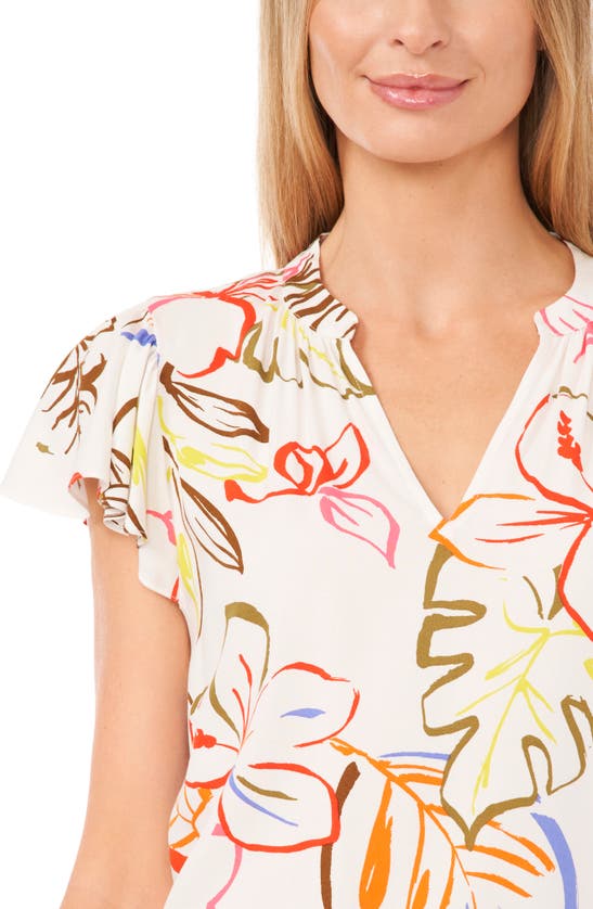 Cece Floral Print Flutter Sleeve Top In New Ivory