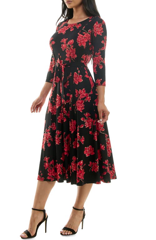 Nina Leonard Sylvia Floral A-line Midi Dress In Black/red Foil