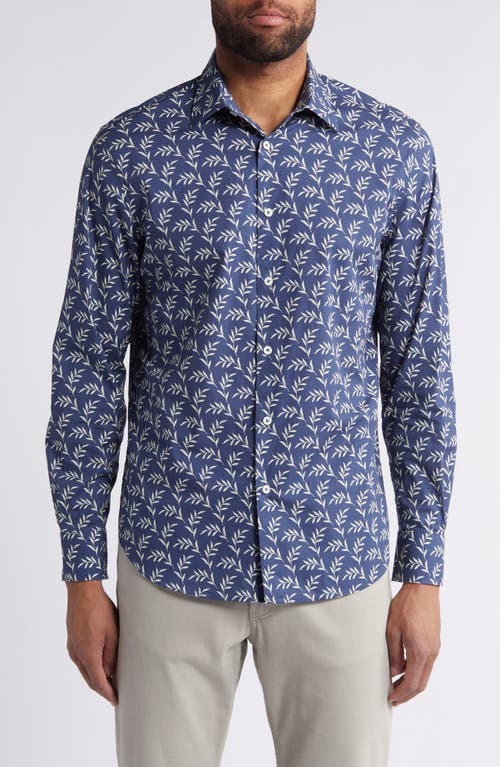 Bugatchi Julian Print Stretch Cotton Button-Up Shirt Navy at Nordstrom,