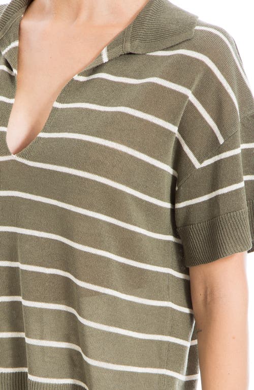 Shop Max Studio Stripe Knit Polo Sweater In Army/oyster