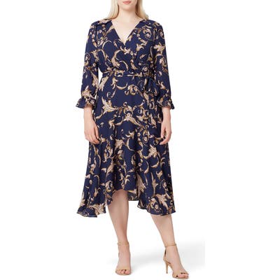Plus Size Tahari Printed Crepe Faux Wrap Dress, Blue