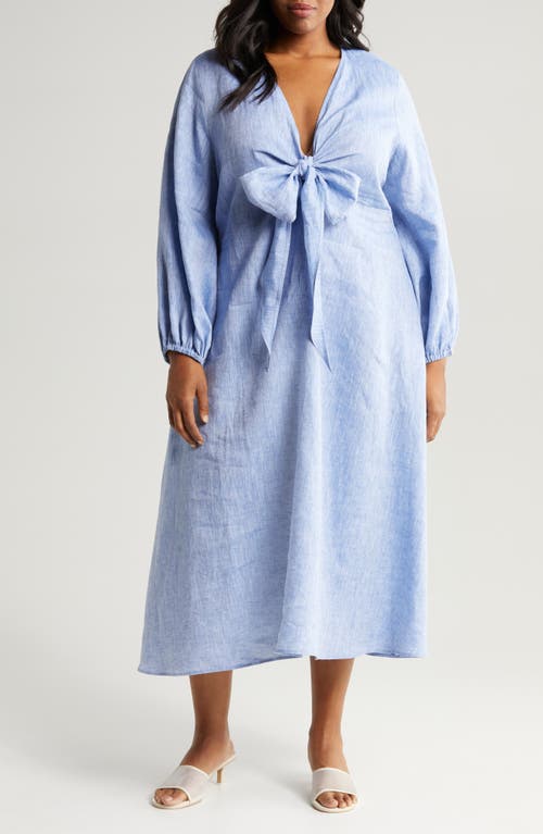 Novella Long Sleeve Cotton & Linen Midi Dress in Denim Blue