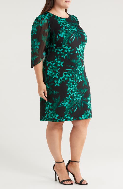 Connected Apparel Floral Chiffon Sleeve Sheath Dress In Hunter