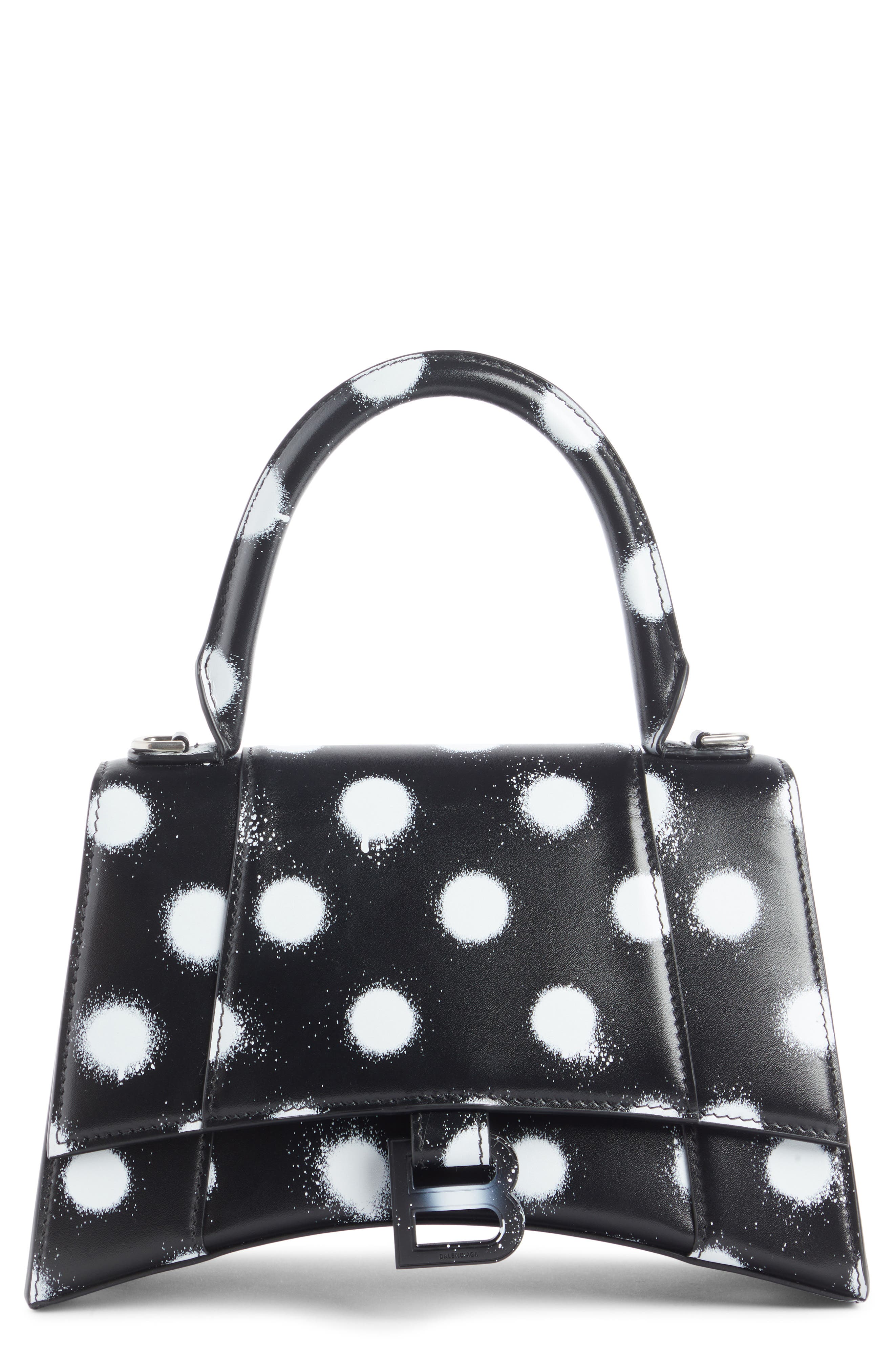 Balenciaga Small Hourglass Polka Dot Leather Top Handle Bag in Black/White at Nordstrom