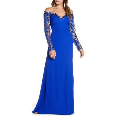 Tadashi Shoji Long Sleeve Sequin Lace Gown, Blue