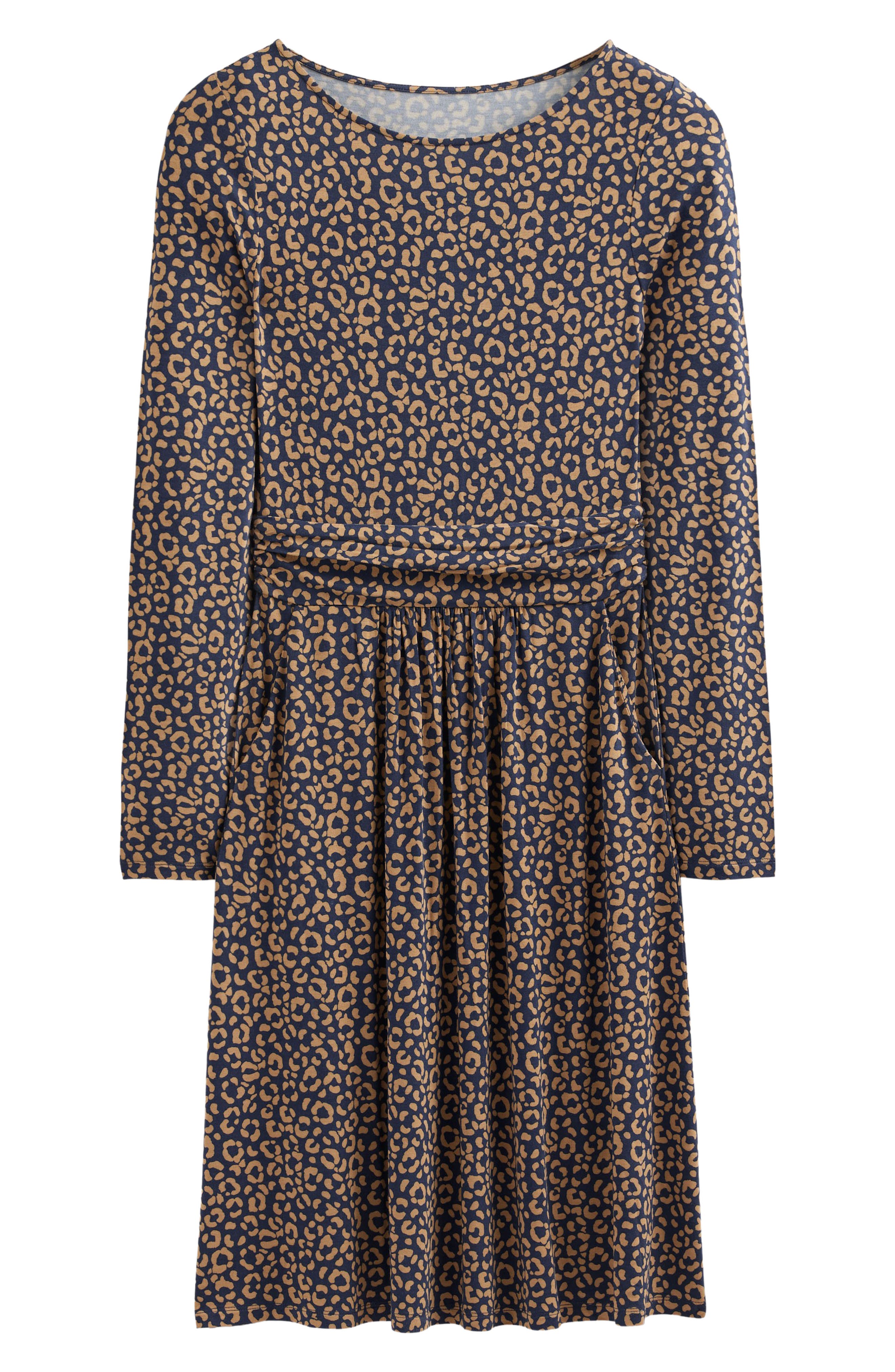 Boden Abigail Long Sleeve Jersey Dress in Camel Animal Stamp