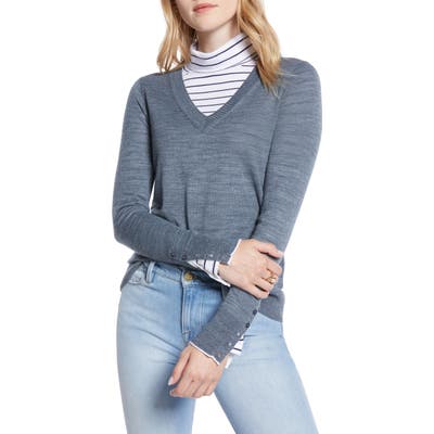 1901 V-Neck Merino Wool Blend Sweater, Grey