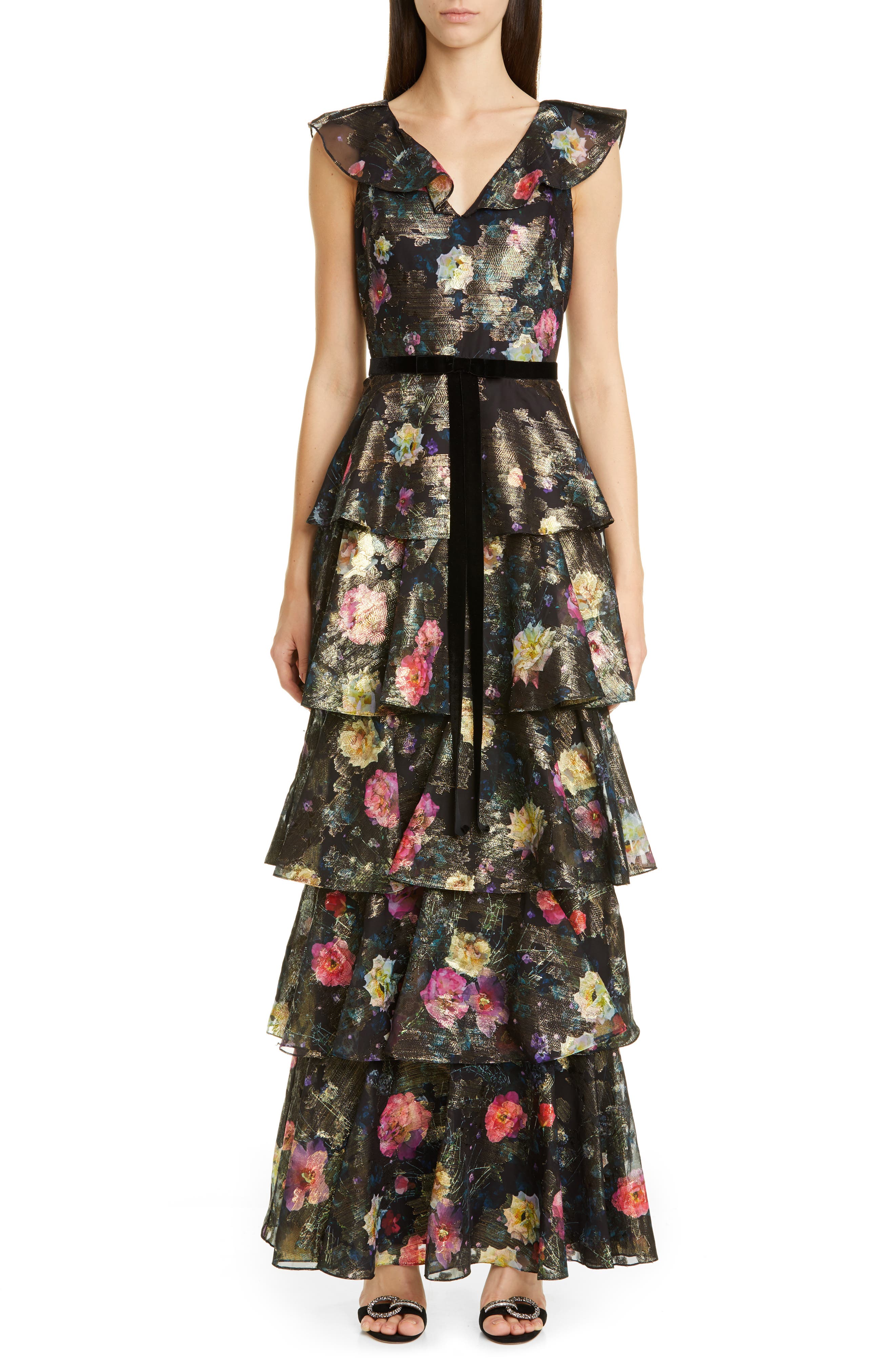 Marchesa Notte Metallic Floral Ruffle Tiered Gown, Black